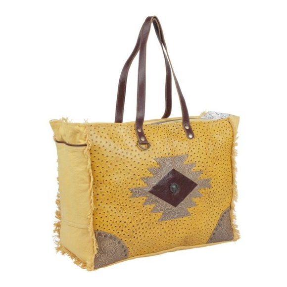 Myra Bag Handmade Suramya Weekender Tote Bag Upcycled Canvas & Cowhide L… - Picture 3 of 10